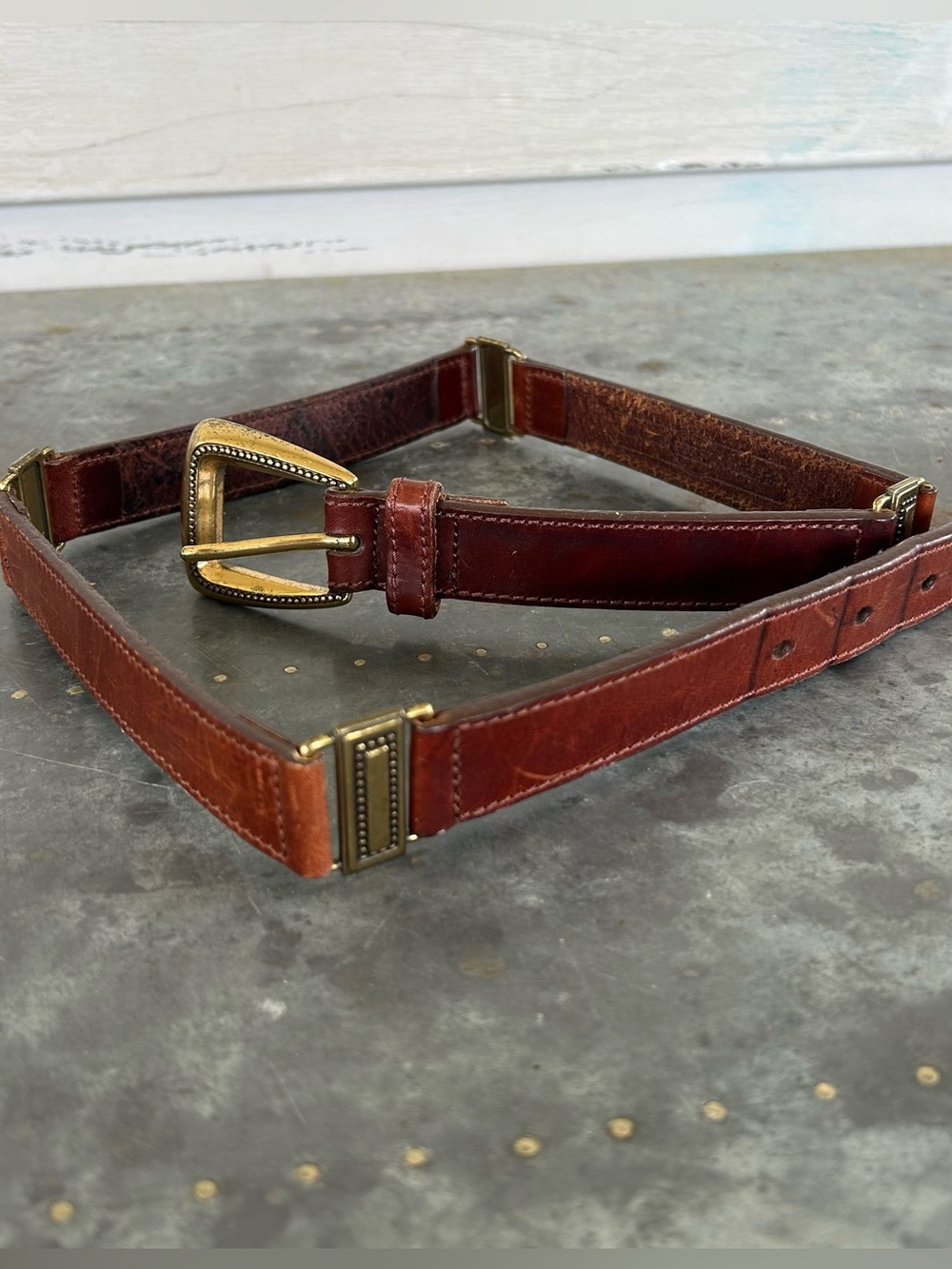 Vintage Fossil Genuine Leather Link Belt Brown Brass Tone Buckle
